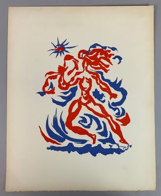 un dessin en rouge et bleu représentant une femme tenant une étoile