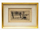 an old picture of a farm in the snow with a fence and trees