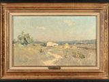 une peinture d'un paysage avec une maison au loin