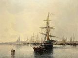 a painting of a boat in the water with other boats in the background