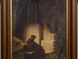 a painting of a man sitting in a chair in front of a building