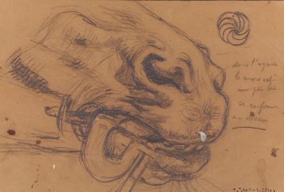 dessin représentant la tête d'un chien tenant un bâton dans la gueule