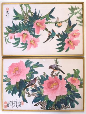 two paintings of birds and flowers on the wall
