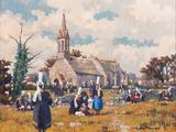 a painting of a group of people in front of a church