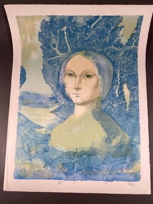 an image of a painting of a woman with a blue hat