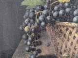 a painting of grapes and grapes in a basket on a table