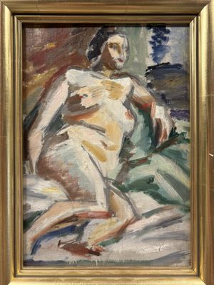 une peinture à l'huile représentant un homme assis sur un lit, dans un cadre doré