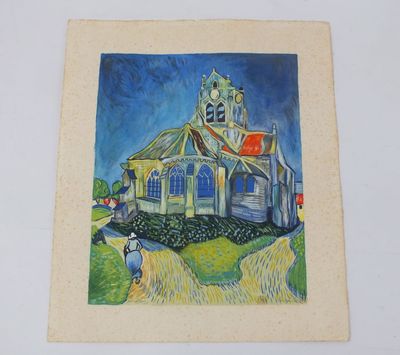 une photo d'un tableau représentant une église sur une colline