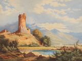 un tableau représentant un château au milieu d'un champ