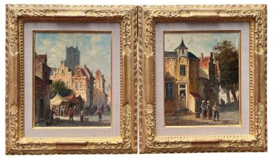 two paintings of a street scene with a horse drawn carriage and a horse drawn carriage