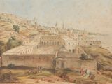 painting of a view of a city with a river in the foreground