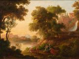 an image of a painting of a river scene with a castle in the background