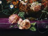 a painting of flowers in a vase on a purple cloth