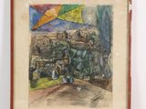 dessin représentant un tableau où l'on voit un homme tenant un parapluie devant un immeuble