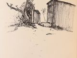 une image représentant un dessin d'un arbre devant une cabane