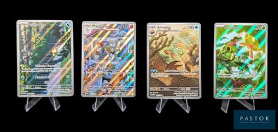 four different types of pokemon cards are displayed on a black background