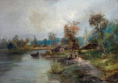 une peinture représentant un bateau sur une rivière, avec une maison en arrière-plan