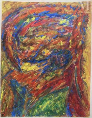 une peinture abstraite représentant le visage d'une femme, dans des tons de rouge, de jaune et de bleu