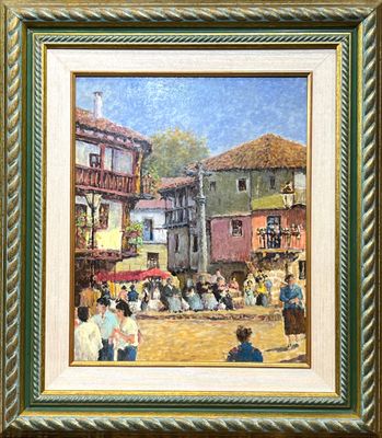 Ecole moderne régionale. Place de village baque animée.