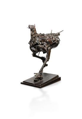 statue of an ostrich on a wooden base on a white background