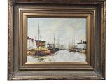 une peinture à l'huile d'une scène portuaire avec des bateaux dans l'eau
