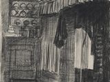 an image of a drawing of a room with a bed and a dresser