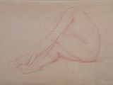 dessin représentant une femme nue assise par terre, les jambes croisées