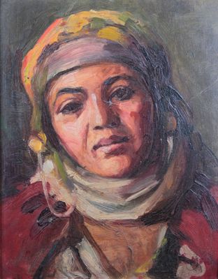une peinture à l'huile représentant une femme portant un foulard