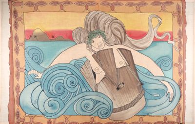 un dessin représentant une femme jouant de la harpe dans l'eau