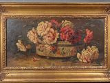 a painting of flowers in a vase on a table