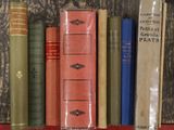de nombreux livres rangés sur une étagère devant un mur en bois