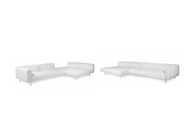 two white leather sofas and a chair on a white background