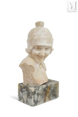 marble bust of a woman with a hat on top of a marble block