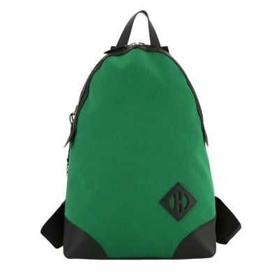 a green backpack with black straps and a black handle