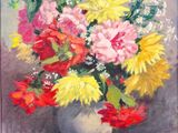 a painting of flowers in a vase on a table