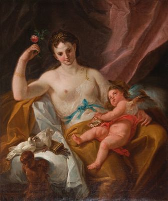 une image représentant un tableau où l'on voit une femme tenant un bébé et un chat dans ses bras