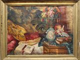 un tableau représentant une femme assise sur une table à côté d'un vase
