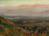 une image représentant une peinture d'une chaîne de montagnes avec une vallée au premier plan