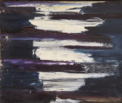 une peinture à l'huile représentant un tableau noir et blanc orné de rayures violettes et blanches