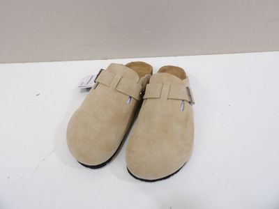men ' s tan sued slippers with buckles on each side