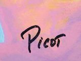painting of the word pio written in black ink on a pink and blue background