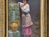 tableau représentant une femme puisant de l'eau dans un puits à l'aide d'une cruche jaune