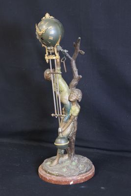 bronze figurine of a man holding a globe on a stand