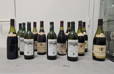 bottles of wine are lined up on a counter in front of a window