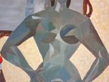 an oil painting of a woman standing in front of a mirror