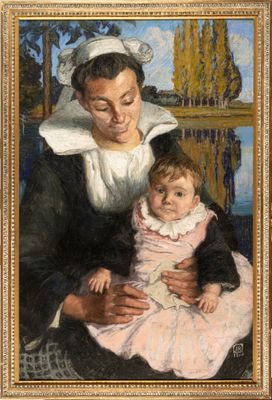 une peinture à l'huile représentant une femme tenant un enfant sur ses genoux