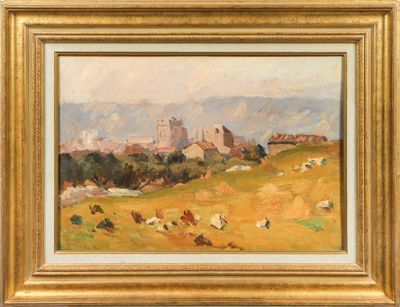 a painting of a landscape with a castle in the distance