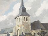 tableau représentant une église avec un clocher et un cimetière au premier plan