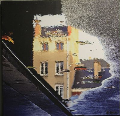 reflet d'un bâtiment dans une flaque d'eau sur un mur