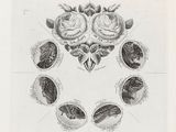 un vieux dessin en noir et blanc représentant un cœur entouré de fleurs